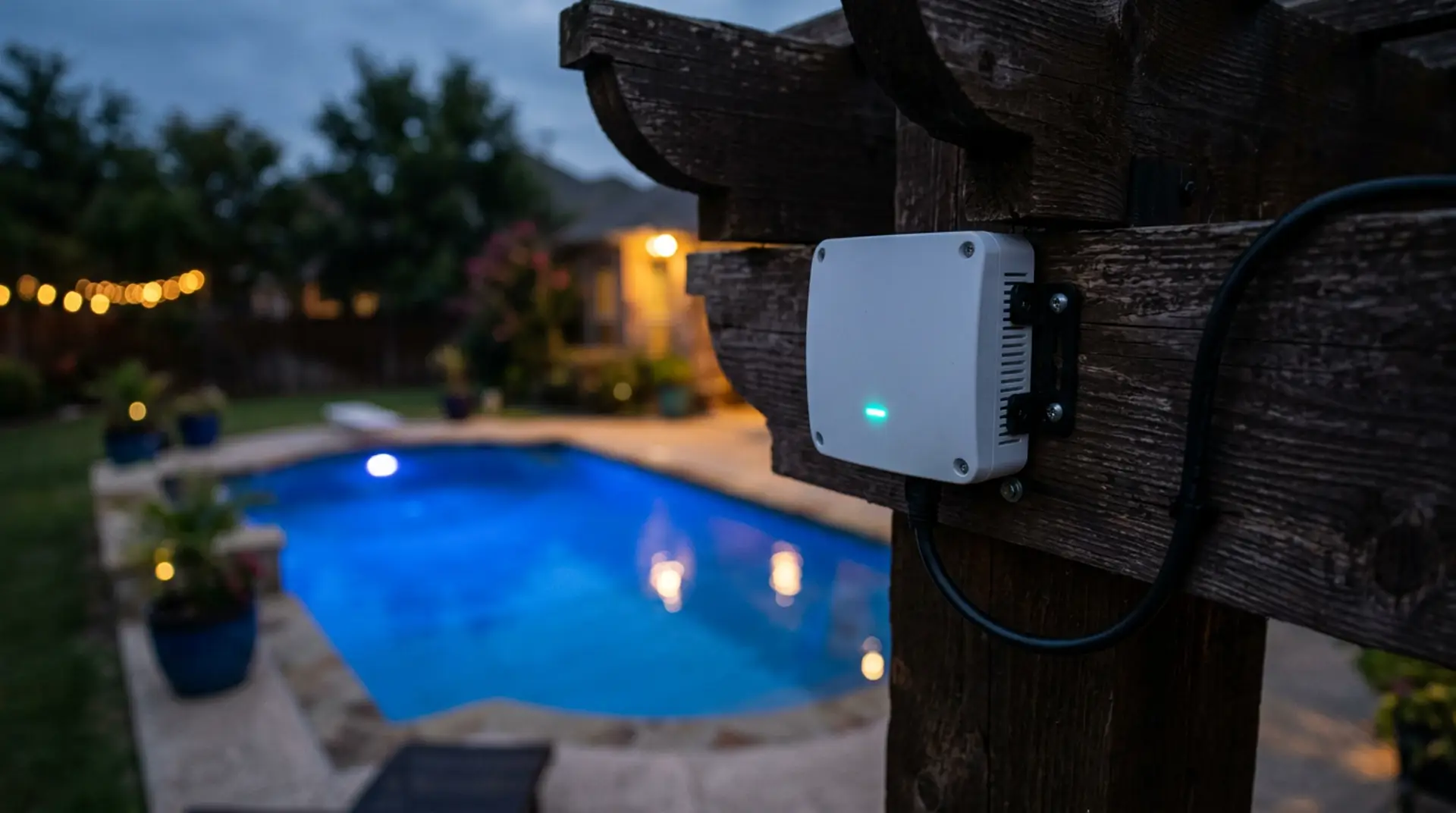 An outdoor wireless access point under a pergola beam with the pool glowing behind
