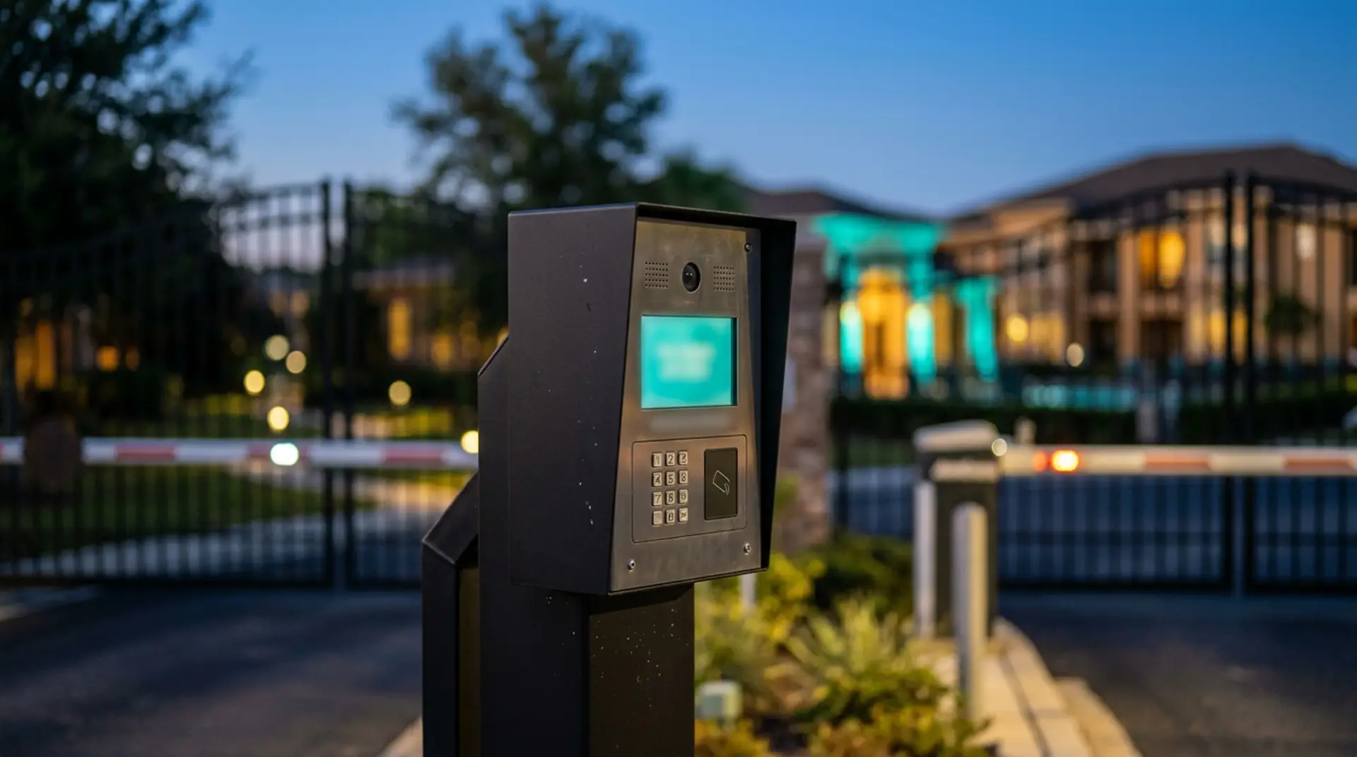 Close-up of a dark entry callbox with a glowing teal screen, gate arms blurred behind