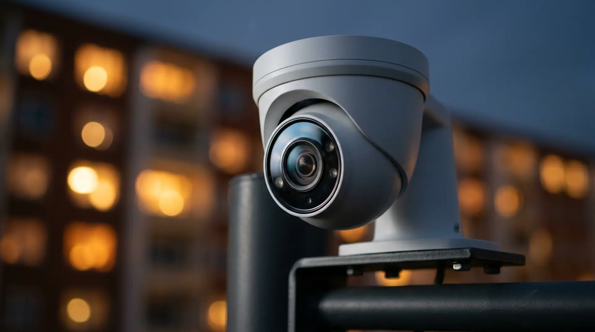 Close-up of a modern security camera head at dusk with warm windows blurred behind