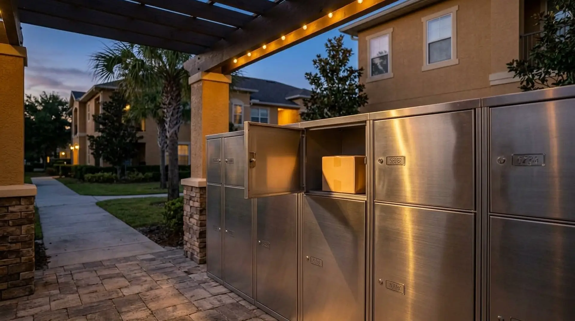 A parcel locker bank at dusk with one door open showing a package inside
