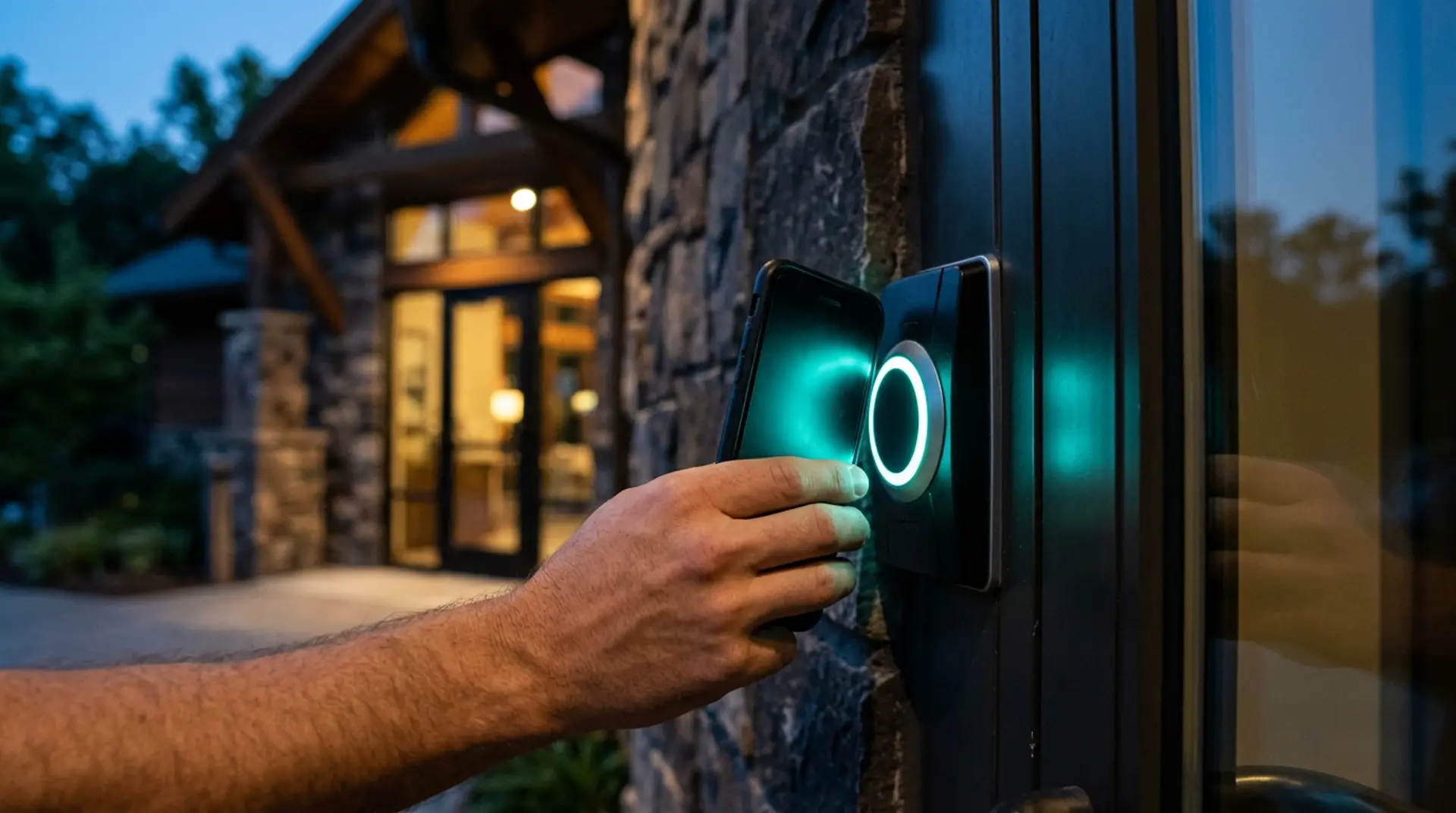A hand holding a smartphone to a teal-lit access reader beside a glass clubhouse door at dusk