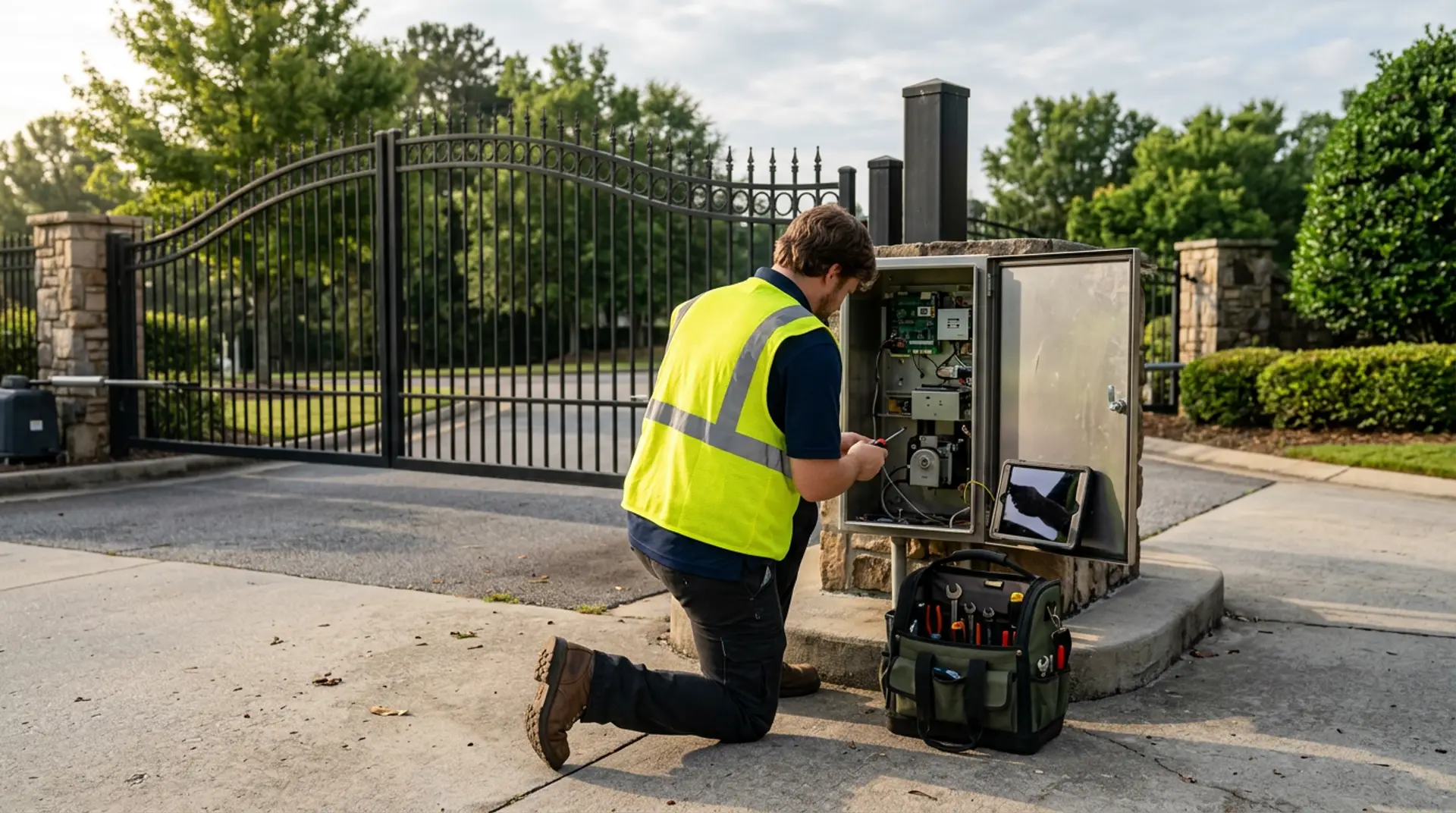 A technician kneeling at an open gate-operator cabinet beside a community gate, performing scheduled maintenance in morning light