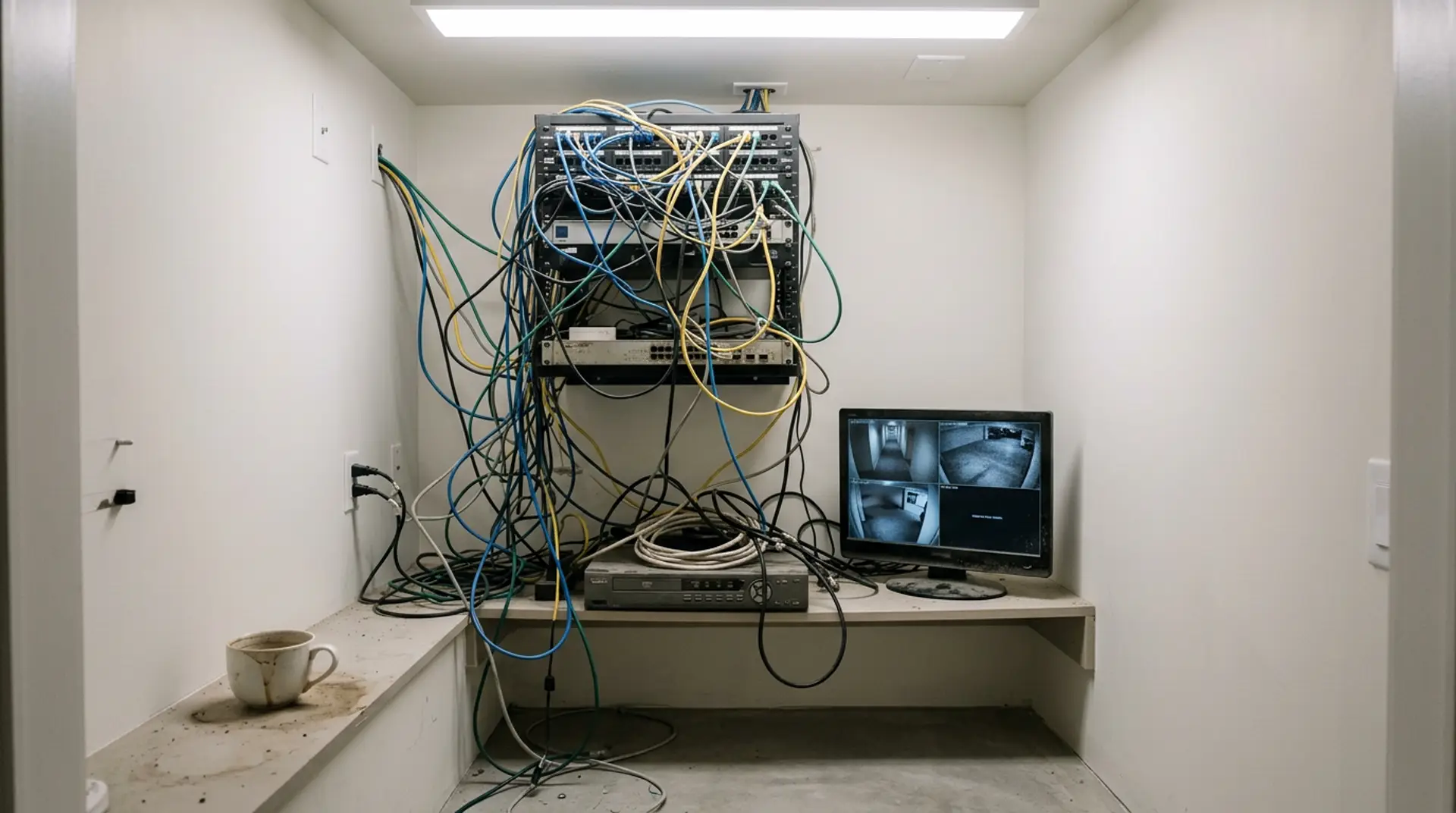 A brand-new clubhouse utility room with a wall rack overflowing with tangled cables, an aging DVR, and a dusty monitor showing dim camera views