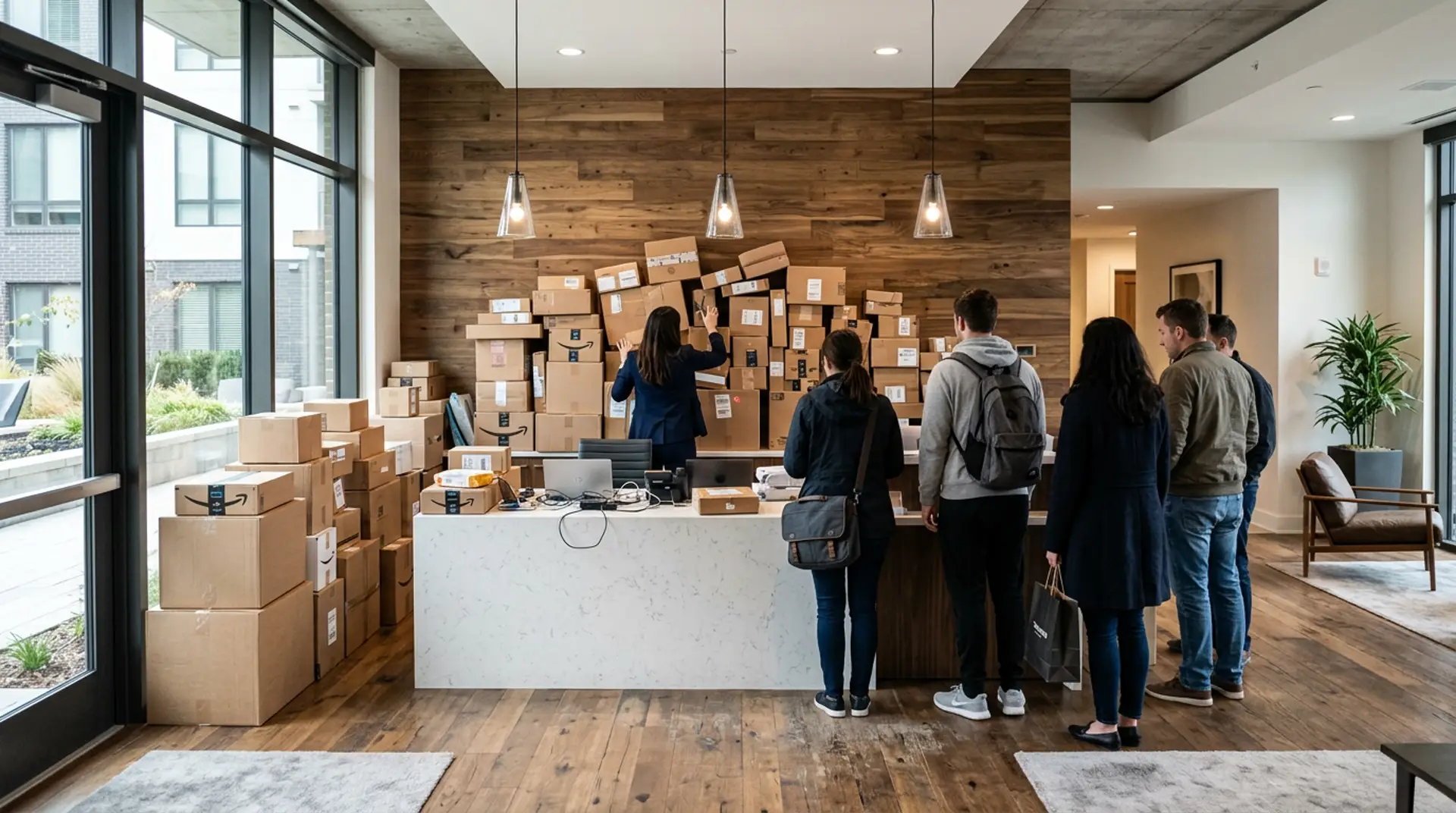 An upscale clubhouse leasing desk buried under stacked parcels while residents wait in line and a staff member searches the pile