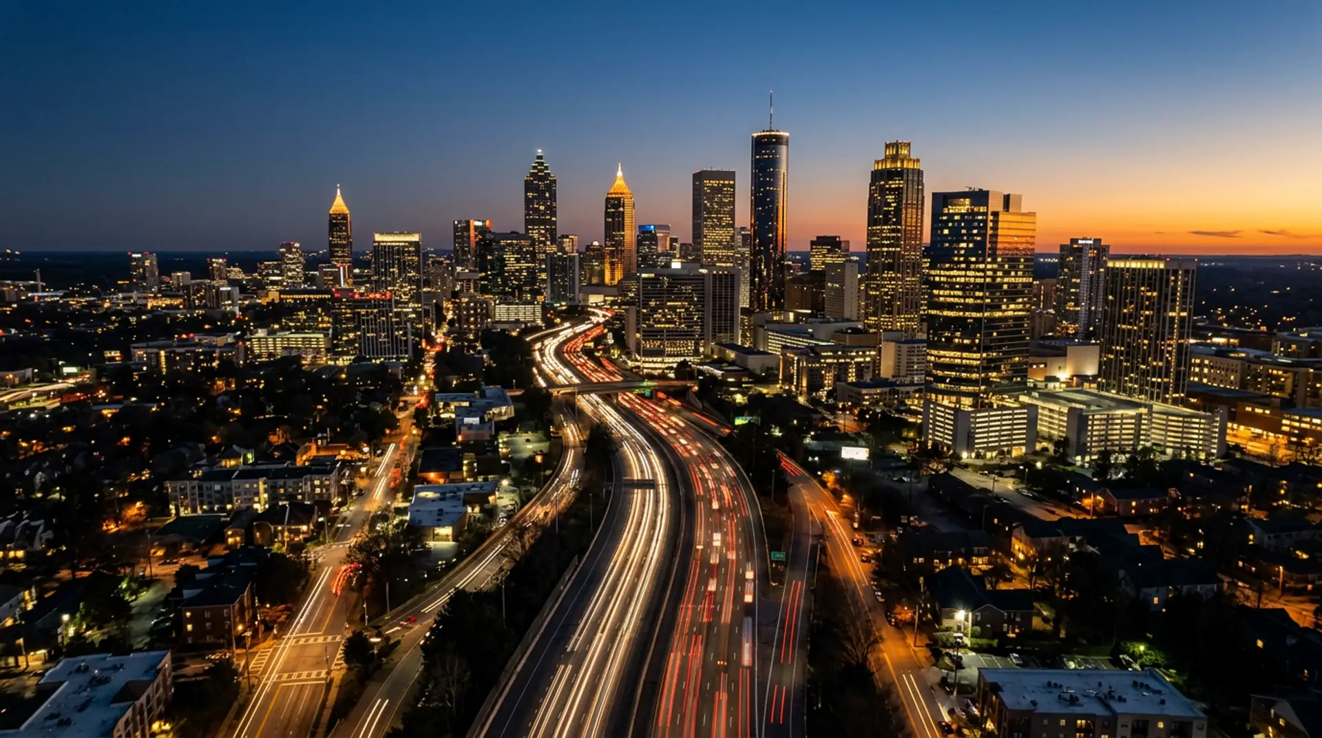 Atlanta skyline at dusk with highway light trails