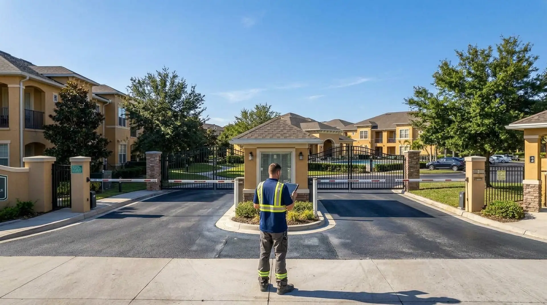 A technician in a hi-vis vest, seen from behind in morning light, surveying a community's gated entry with a tablet